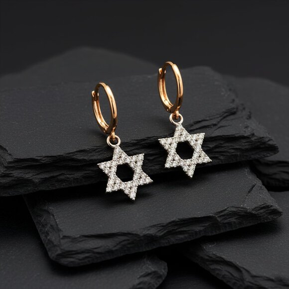 Star of David 14K (or 18k upon request) Gold Diamond Hoop Earrings - Picture 4 of 4